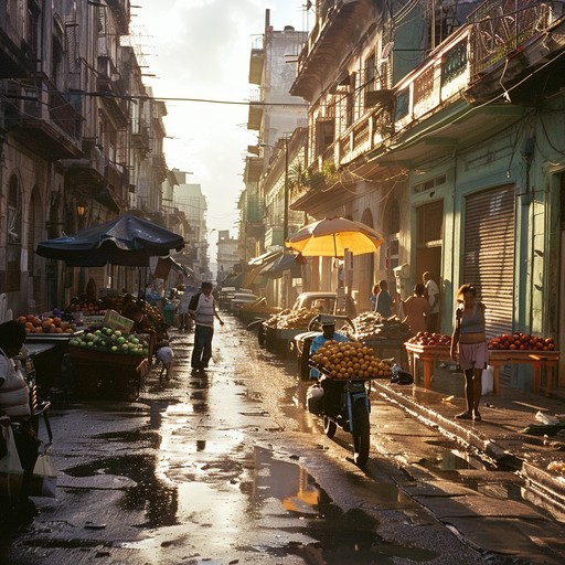 An energetic exploration of havana's morning bustle, fusing traditional afro cuban percussion with contemporary guitar and melodies. The music evolves from a gentle start to a lively crescendo, echoing the city's pulse and infusing a sense of hope and joy.