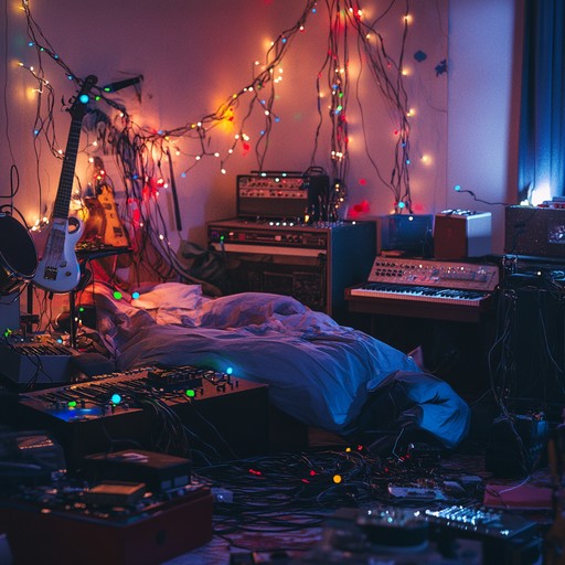 A swirling instrumental track featuring lo fi synths, distorted guitar riffs, and unpredictable drum patterns, capturing the essence of late night creativity in a cluttered bedroom studio.