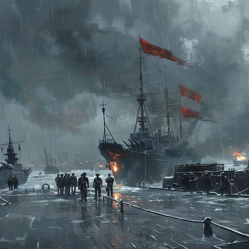 An instrumental piece evoking the somber and melancholic atmosphere of the russian navy mourning the loss of their sailors. The music unfolds with a haunting solo violin carrying the sorrowful melody, accompanied by deep, resonant tones from low brass and gentle, mournful echoes from woodwinds, creating a vivid sonic image of a naval funeral at sea.