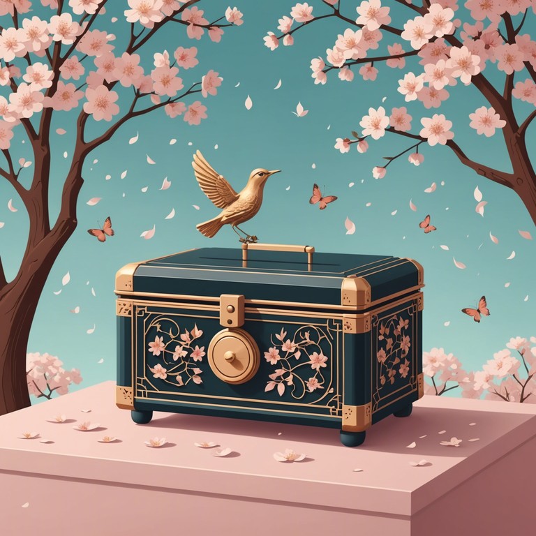 Depicts a deeply moving scene where each note from the music box reverberates through an empty room adorned with vernal decorations, evoking powerful emotions of being alone yet at peace.