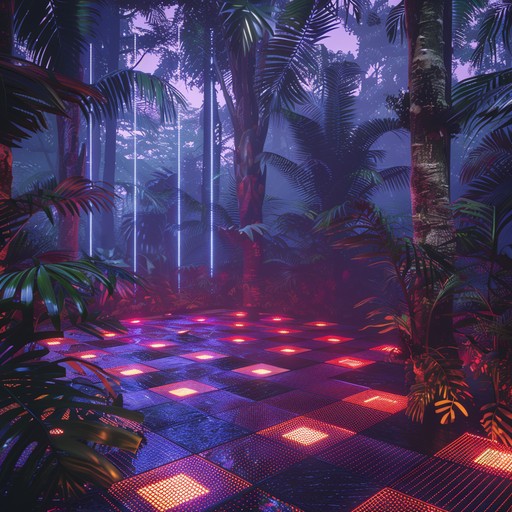 A euphoria inducing track combining cosmic disco with tropical elements, featuring exotic percussions and vibrant synthesizers, perfect for a starry night dance floor.