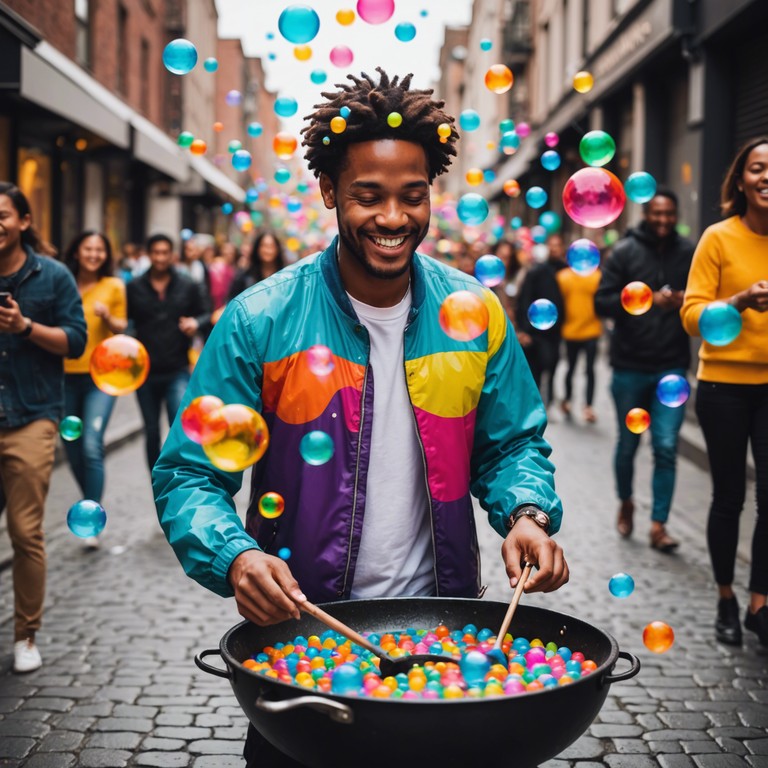 Imagine walking down a sunny street, each step you take makes colorful bubbles pop musically. The sound captures a feeling of light hearted mischief and joy, melding playful beats with the unexpected rhythms of popping bubbles. The composition focuses on a lively yet smooth experience, perfect for lifting moods.