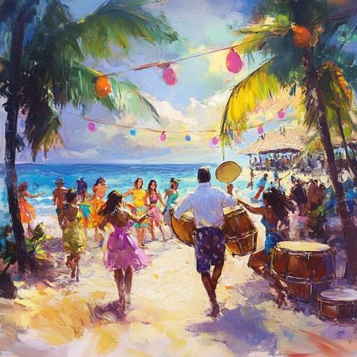 Envision a lively festival on a remote island with jubilant steel drum rhythms, melodious tunes, and the sound of the sea nearby, celebrating the spirit of summer