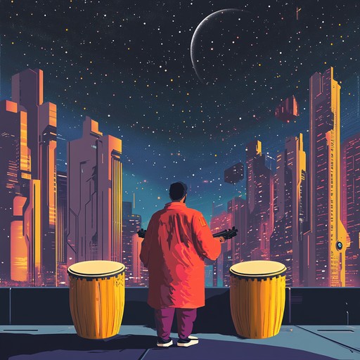 Traditional afro cuban percussion meets neon lit future in a rhythmical journey, blending high energy beats and synthetic melodies, encapsulating the essence of futuristic dance floors