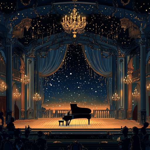 An enchanting composition that intertwines majestic themes with romantic nostalgia, set in opulent lounge settings, featuring lush piano melodies that evoke heartfelt emotions under starlit skies.