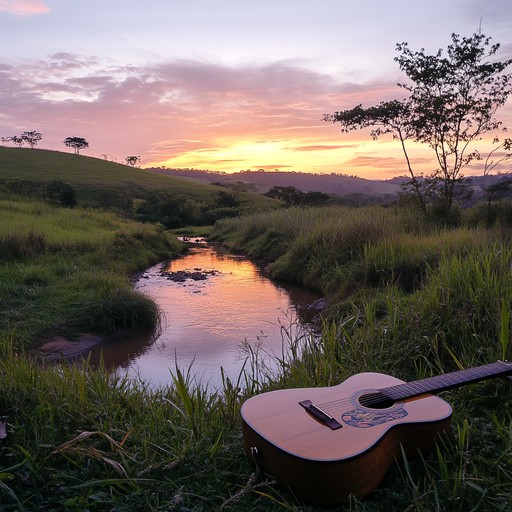 Imagine the tranquil beauty of a brazilian countryside as the sun sets, casting a warm golden glow over rolling fields and peaceful farms. The gentle strumming of an acoustic guitar provides the perfect soundtrack, accompanied by calming natural sounds like softly chirping crickets and a flowing stream in the distance.