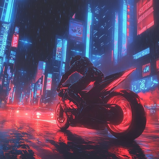 An instrumental cyberpunk track featuring pulsating synthesizers, groovy basslines, and driving beats, evoking a futuristic night time cityscape immersed in neon lights and digital ambience.