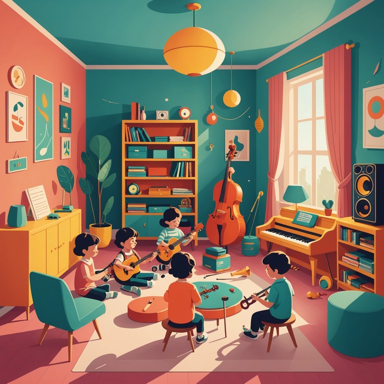 Delve into a musical expression designed to foster creativity and joy in children, emulating a playroom filled with colorful, musical interactions that enhance the daily activities of young minds.