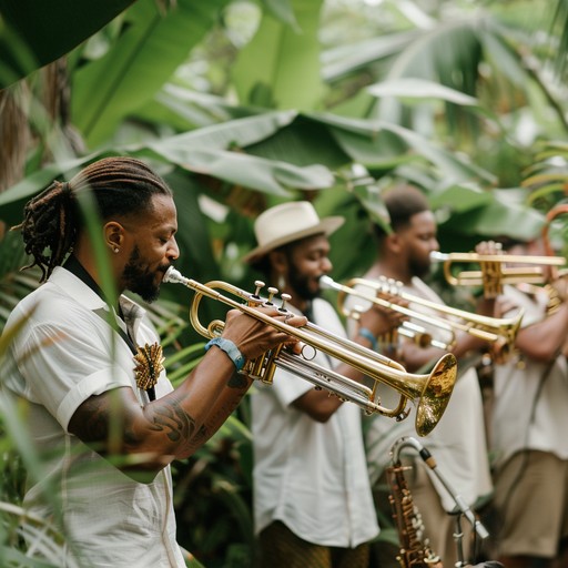 A fun and lively composition featuring a vibrant brass section and jungle inspired percussive rhythms, creating a festive atmosphere perfect for tropical dance parties and celebrations.