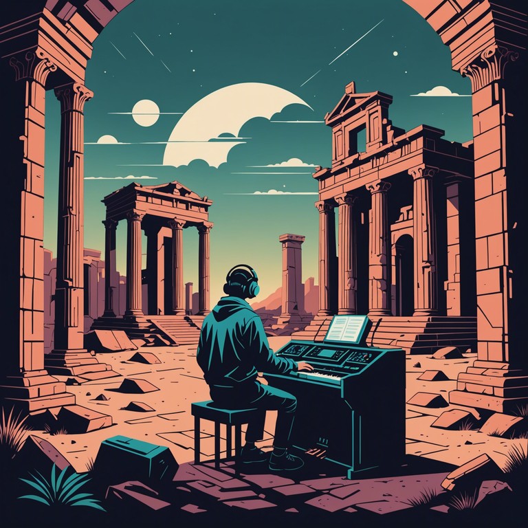 Echoes through time captures the essence of blending historical depths with futuristic echoes, crafting a timeless narrative through soundscapes that resonate with soul stirring melodies played on a synthesizer against a backdrop of imagined worlds.