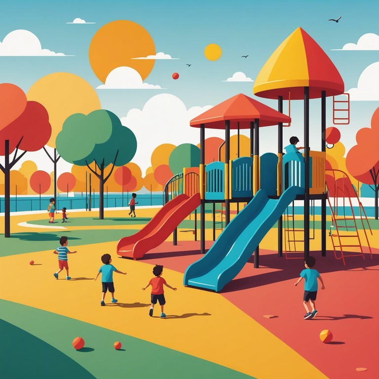 This composition features a lively melody that captures the essence of childhood joy and the exhilaration of playing outside on a sunny day. The music mimics the playful movements of kids swinging, sliding, and running, creating an atmosphere that encourages active engagement and fun.