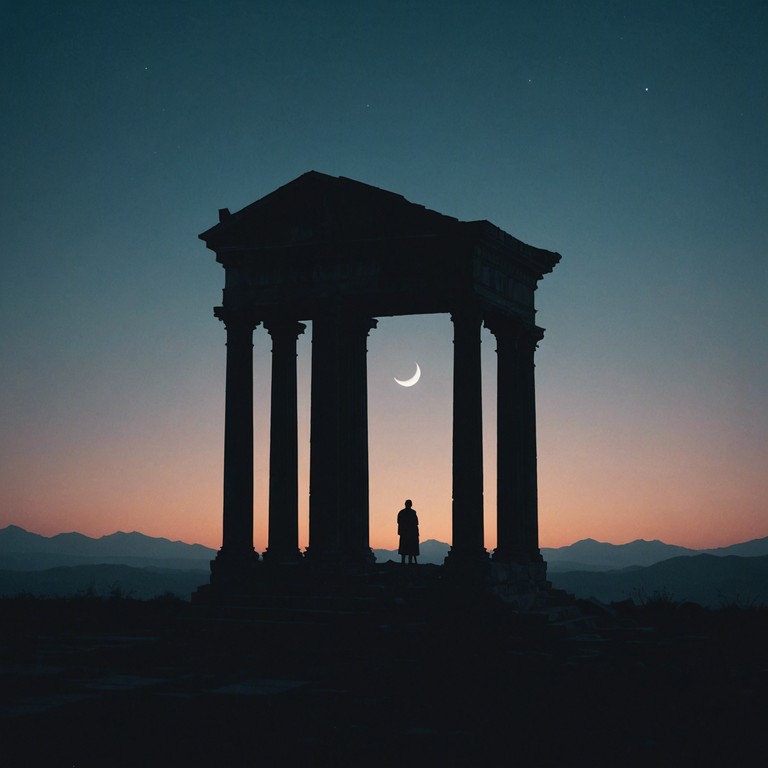 A brooding instrumental piece invoking the mysterious depths of ancient civilizations and forgotten ruins, blending rich, sonorous strings with a haunting piano melody that echoes through time.