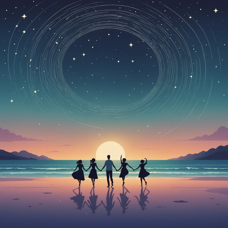 Imagine a mesmerizing mambo tune playing softly under a glowing moon with playful, nostalgic rhythms capturing the essence of a magical summer night. The music is infused with light percussive elements, casting a spell of dance and mystery.