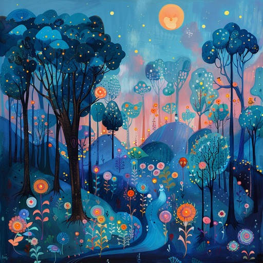 Experience a surreal acoustic adventure in a whimsical woodland, where funky rhythms entwine with mystical folk tunes, guiding listeners through an enigmatic auditory landscape.