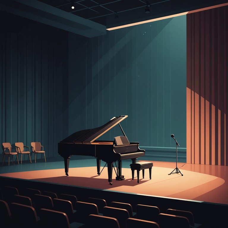 In a dimly lit theater, a single spotlight illuminates the actor sitting alone on stage, his face a canvas of deep introspection. The empty seats and the hauntingly beautiful melody hover in the cold air, forming an image of loneliness and reflection.