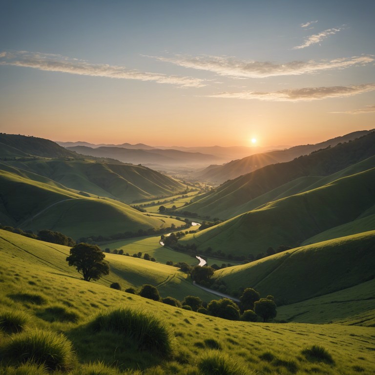 A soul stirring piece reflecting the serene yet uplifting moment as the first sunlight hits the dew laden hills, signaling a new beginning. The composition invites the listener to embrace the promise of a new day with positivity and motivation.