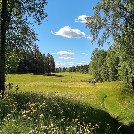 This instrumental piece carries the essence of a carefree, sunny day spent strolling through a picturesque finnish landscape. The upbeat tempo, cheerful melodies, and light hearted rhythms give it a delightful, joyous feel, perfect for warm summer days.