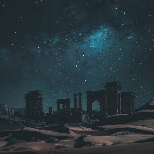 This instrumental track invites listeners to a dreamlike journey through the middle eastern desert at midnight. The music intertwines mystical, flowing melodies with pulsating rhythms, creating an atmosphere of mystery and serenity, perfect for evoking the imagery of ancient sands under a starlit sky.