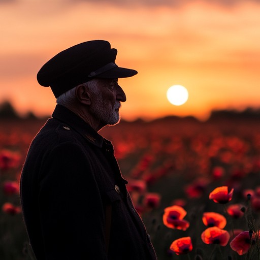 A haunting orchestral composition featuring solemn brass and distant drums, capturing the bittersweet emotions of soldiers reminiscing about long past battles and lost comrades, blending a sense of pride and melancholy