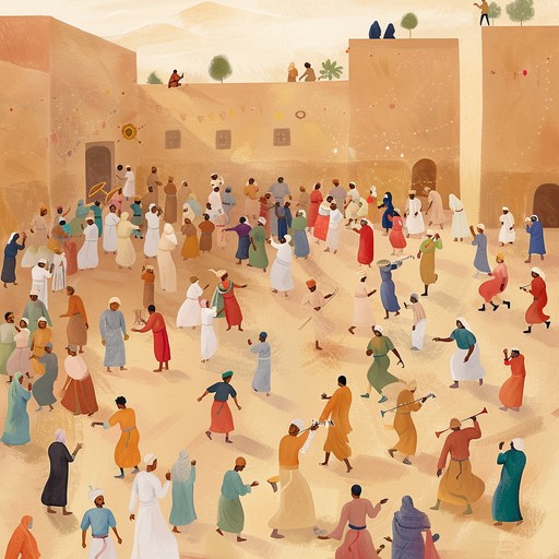 A joyous and energetic instrumental piece inspired by middle eastern festivals, featuring lively rhythms, intricate melodies, and traditional instruments that evoke the excitement and vibrancy of cultural celebrations. This track captures the essence of a bustling desert festivity, filled with dancing, clapping, and merriment.