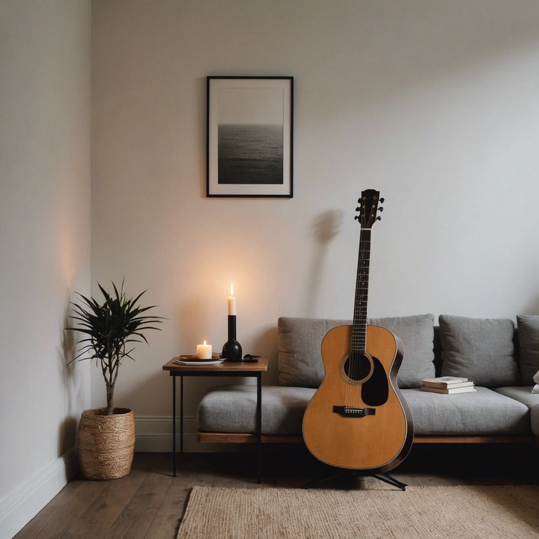 An acoustic guitar crafts delicate melodies, each note echoing an invitation to self reflection and personal exploration. Set in a dimly lit room, the sounds offer a gentle yet profound motivational push, encouraging listeners to find inner strength and achieve mindfulness.