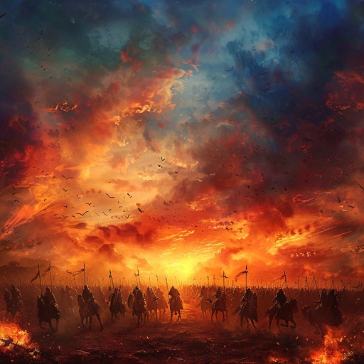 A sweeping, orchestral piece designed to encapsulate the fervor and intensity of a grand battlefield. The composition relies heavily on dynamic brass, soaring strings, and thunderous percussion to evoke an epic and urgent atmosphere. Each crescendo builds anticipation, pulling the listener to the edge of their seat, ready for the climactic moment of history in the making.