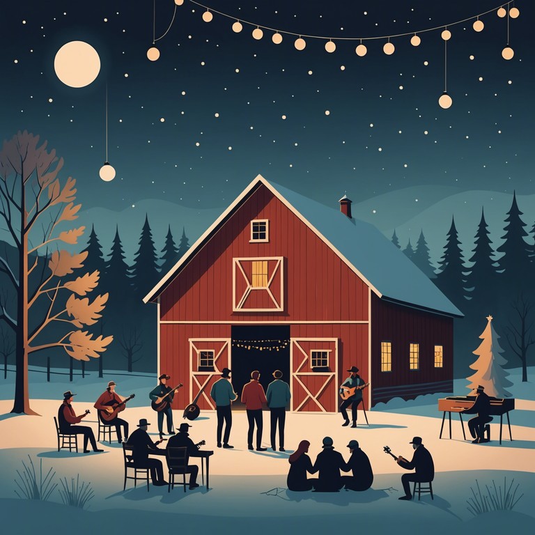 Capture the spirit of a rustic holiday celebration where friends and family gather in a barn adorned with festive decorations, dancing to the joyful tunes of energetic bluegrass music played on a banjo.