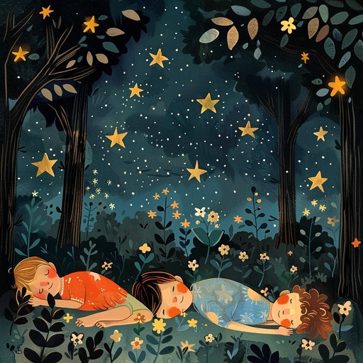 A calm and peaceful instrumental piece with gentle flute rhythms, mimicking a serene night in a magical forest, perfect for lulling children to sleep with visions of nature and dreams.