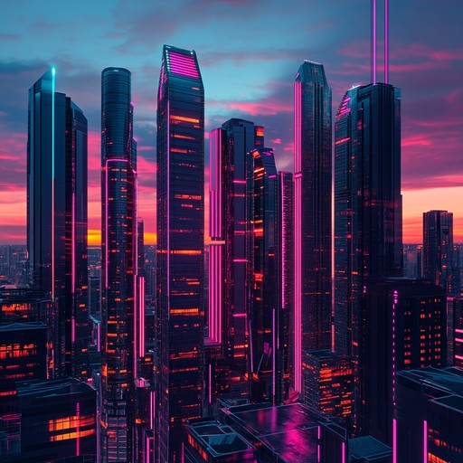 This track evokes a powerful inspirational journey through a futuristic world with vibrant neon lights and nostalgic 80s synths, creating a thrilling sense of ascension and triumph