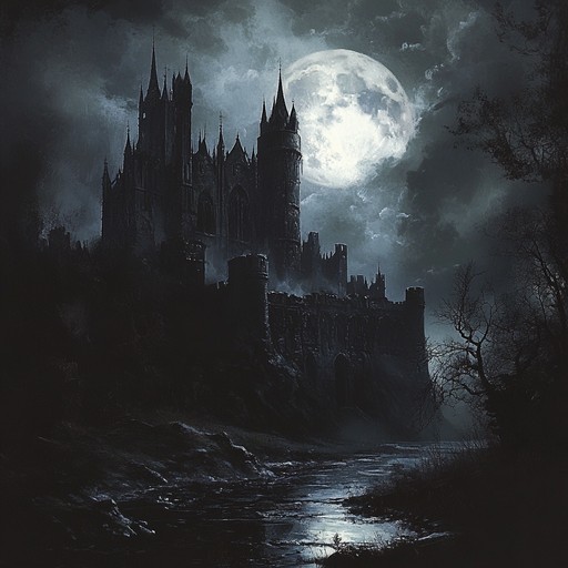 Haunting melodies weaving through gothic castle corridors, draped in shadows and whispers, creating an unsettling atmosphere that evokes ancient sorrow and eternal longing.