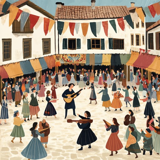 An instrumental medieval composition featuring a lively lute melody that captures the bustling energy of a medieval market. The song is filled with joyous rhythms and playful tunes, transporting listeners to a festive gathering in the heart of a vibrant village. The music evokes images of merchants, townsfolk, and dancing under the sun.