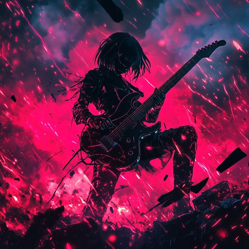 This instrumental anime track blends dark, edgy electric guitar riffs with pulsating electronic beats. The composition evolves through intense dynamic shifts, adding layers of atmospheric synths, and driving bass lines. Perfect for a high stakes battle scene or an anti hero's dramatic moment, this piece conveys a sense of urgency and desperation.