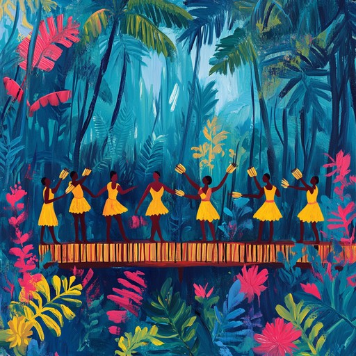Merging ethnic harmonies with jungle beats, creating an upbeat, lively atmosphere that evokes playful dance through a tropical paradise.