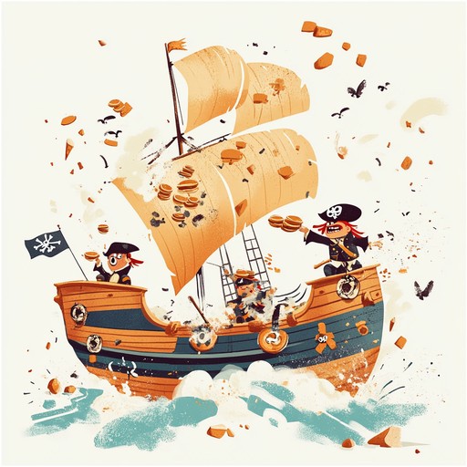 An upbeat and energetic instrumental punk track that depicts clumsy pirates in a whimsical scenario where they gleefully enjoy pancakes, combining fast paced punk guitar riffs with playful melodies, creating an atmosphere of fun chaos and adventurous mischief.