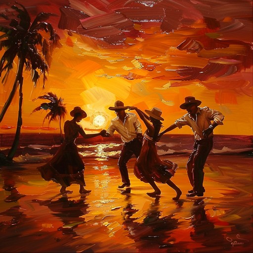 This track captures the lively spirit of a street salsa dance at sunset, featuring complex percussion rhythms and a captivating trumpet melody that interacts playfully with a vibrant piano background. The music builds a festive, energetic mood while maintaining an elegant jazz harmony.