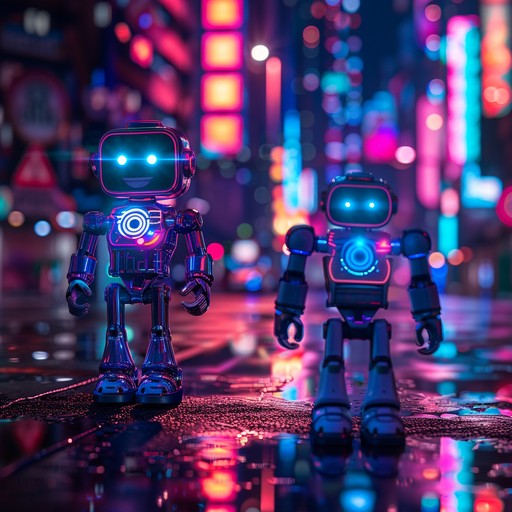 Enter a neon lit metropolis where robotic toys come alive with intertwining bleeps, bloops, and synth melodies. A playful, yet enigmatic exploration of a futuristic world where artificial intelligence meets childhood wonder.