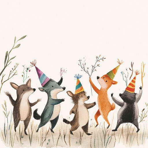 Imagine a scene where cats and dogs, adorned in silly hats, whirl in a playful dance, their movements orchestrated into a whimsical melody, capturing the essence of joy and carefree abandon that animals bring into our lives. Each note jumps and frolics like the paws of these furry friends on a sunny day.