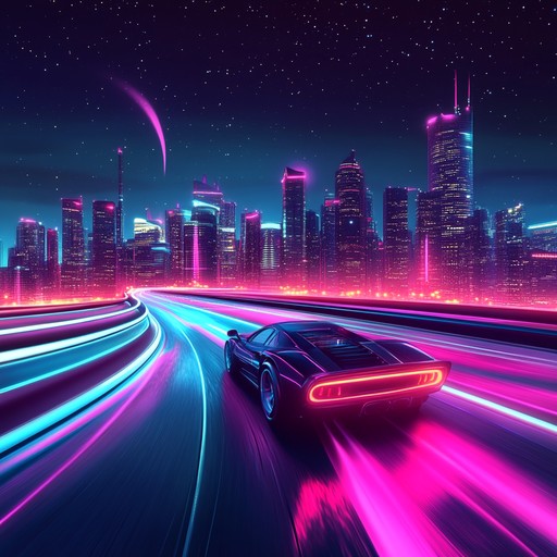 An energetic instrumental track with pounding synths and electric guitar riffs, capturing the essence of an 80s night drive through a vibrant cityscape filled with flashing neon lights.