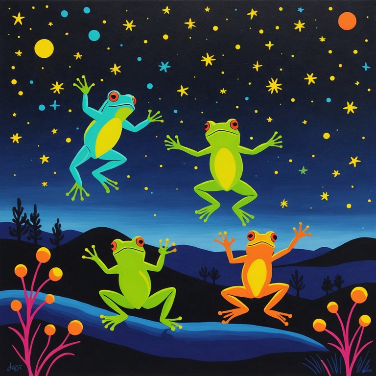 Imagine a bizarre scene where extraterrestrial frogs throw a dance party on a mystic marsh planet under neon skies. The music combines unusual rhythms and playful melodies, creating a sense of otherworldly joy and amusement.