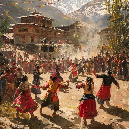 An upbeat traditional folk song that fills the air with lively melodies and rhythmic beats, drawing listeners into the heart of a vibrant himalayan festival. Perfect for capturing the energetic and joyful spirit of cultural gatherings, with traditional instruments driving the melody and rhythm.