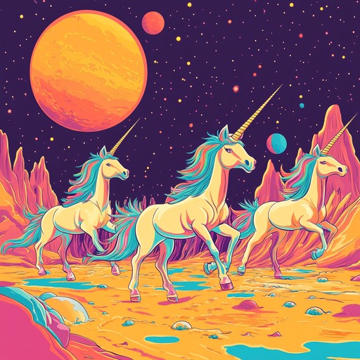 An energetic instrumental merging cosmic electronic rhythms with delightful, fantastical melodies inspired by unicorns, creating a fun and joyous atmosphere.