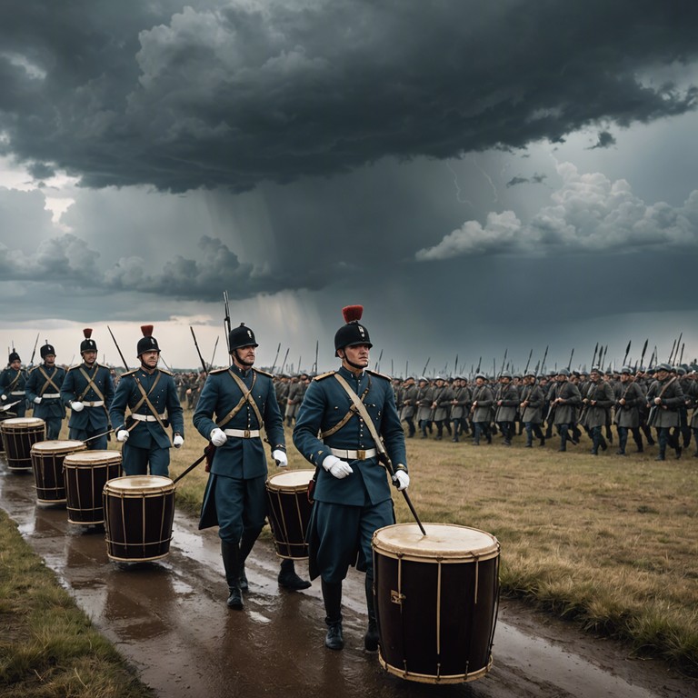 Evoking scenes from historical battles where soldiers marched courageously towards conflict, this music harnesses the essence of valor and the spirit of an army united by a common cause. Feel the ground shake as each beat of the drum reinforces the soldiers' resolve.