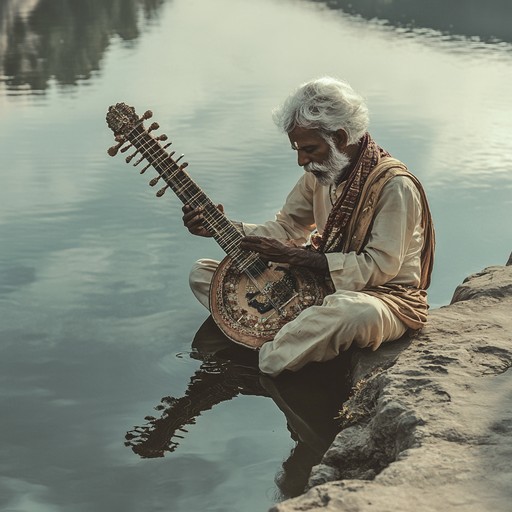 Emulating the serene flow of the ganges river, this composition uses the traditional indian instruments sitar and tabla to invoke a peaceful and reflective mood. The music meanders through various melodic passages, just like the river's journey across varied landscapes, reflecting the soul's journey to tranquility.