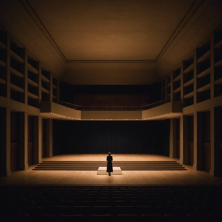 In a grand opera theater shrouded in darkness, subtle orchestral crescendos evoke a sense of creeping dread and imminent revelation, as whispers echo through the shadows, creating a haunting, suspense filled atmosphere.