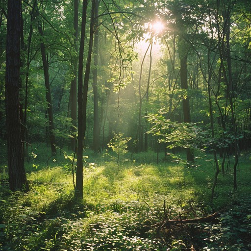 A tranquil journey through an ancient forest, featuring mellow acoustic guitar interwoven with ethereal flute harmonies and soft rustling leaves. The gentle rhythm and delicate instrumentation create a peaceful ambiance while maintaining a mysterious and slightly surreal essence, perfect for deep relaxation or meditative moments.