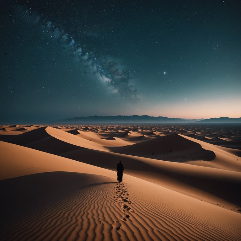 This track features a deep, resonant oud playing a complex, intertwining melody that evokes images of a moonlit journey through vast, silent deserts. The music layers traditional middle eastern rhythms with a haunting oud performance, creating a sense of adventure and secrecy.