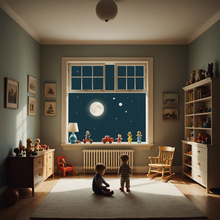 Imagine a dreamscape spun by a carousel of antiquated toys, where mechanical figurines play tender melodies on a xylophone composed of raindrops and moonlight. Each note is a heartfelt whisper in the nursery of the night, evoking a spectral serenade that hums with the magic of childhood imagination.