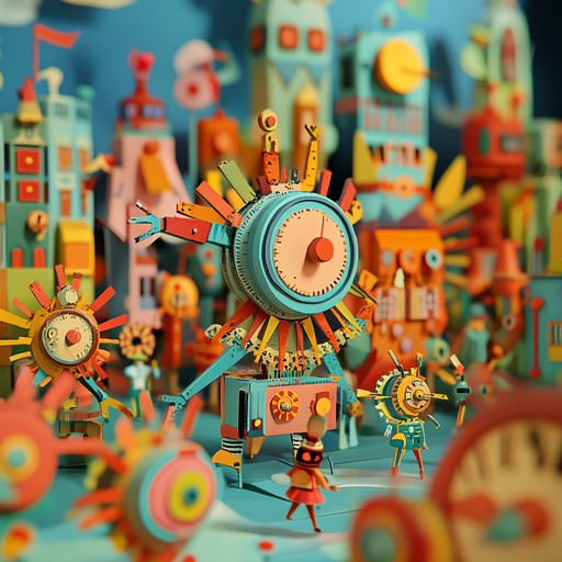 A lively instrumental piece that merges joyful toy piano melodies with rhythmic electronic beats resembling clockwork mechanisms. The track creates a whimsical atmosphere of adventure, evoking images of a playful journey through a land of animated toys and gadgets. Listeners are invited to immerse themselves in the enchanting and energetic soundscape.