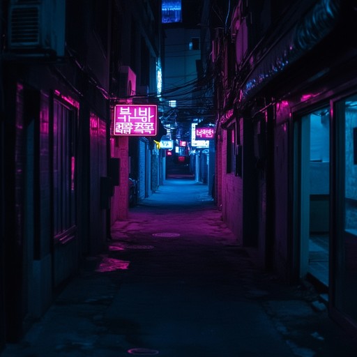 A chilling instrumental track that fuses modern k pop beats with unsettling synth melodies and traditional korean instruments, creating a sense of unease and mystery as if wandering through the shadowy alleys of seoul at night.