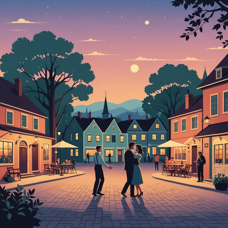 A robust celebration of love and tradition through accordion melodies, capturing the essence of a festive german village celebration under the summer stars. Imagine the warm glow of lanterns as couples dance in the village square, their laughter mingling with music in the crisp mountain air.